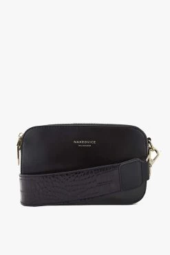 The Met Lizzie Thick Croc Strap Double Zip Crossbody Black Leather Bag
