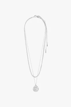 Pilgrim Nomad Double Chain Coin Pendant Necklace Silver