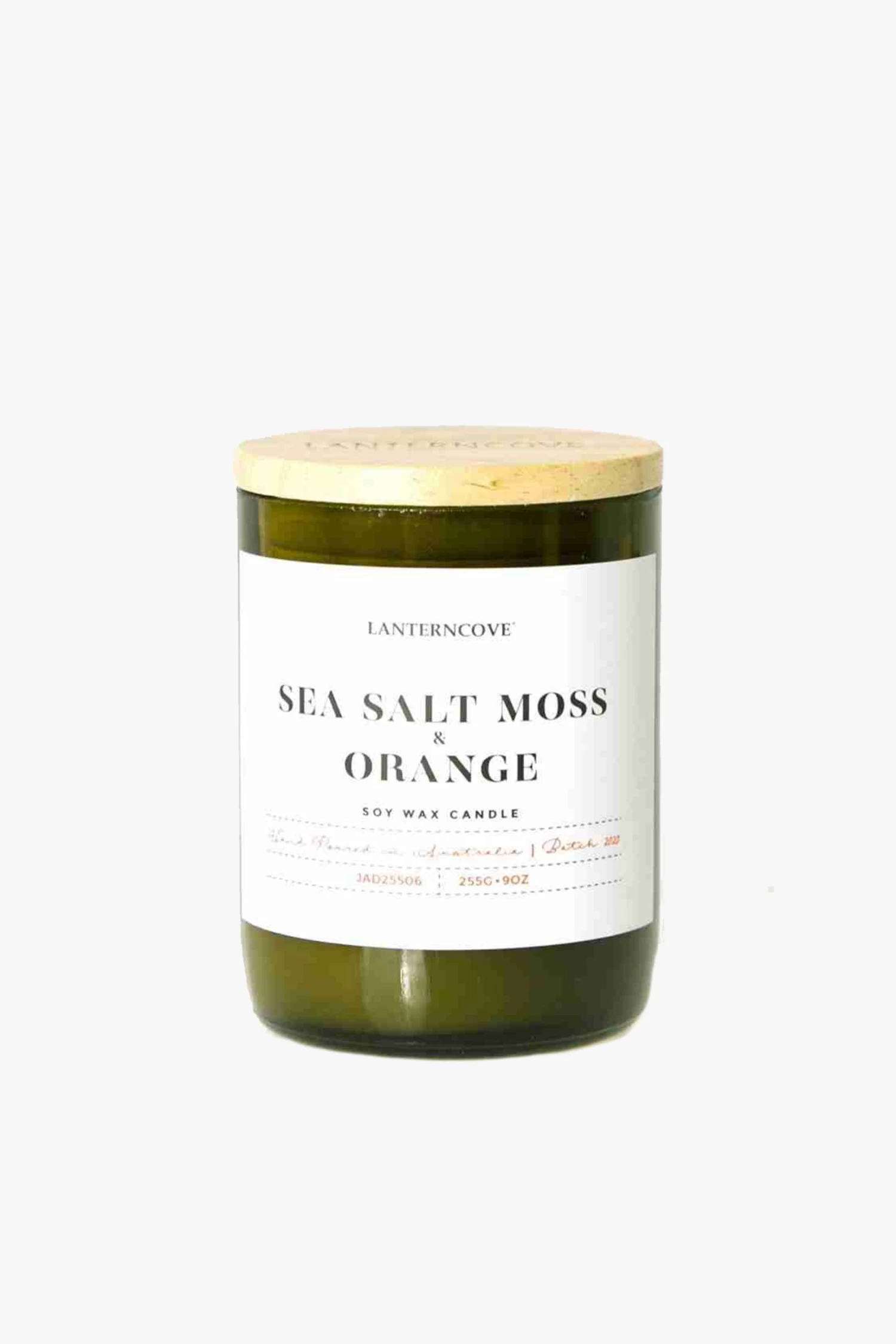 Jade Sea Salt Moss + Orange 255g 60hr Candle In Green Recycled Bottle 3 Jade Sea Salt Moss + Orange 255g 60hr Candle In Green Recycled Bottle