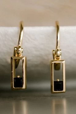 Realm Gold Square Sleeper Earring With Black Garnet