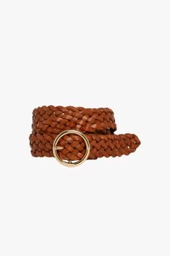 Catrina Brown Braided Leather With Gold Circle Buckle Belt